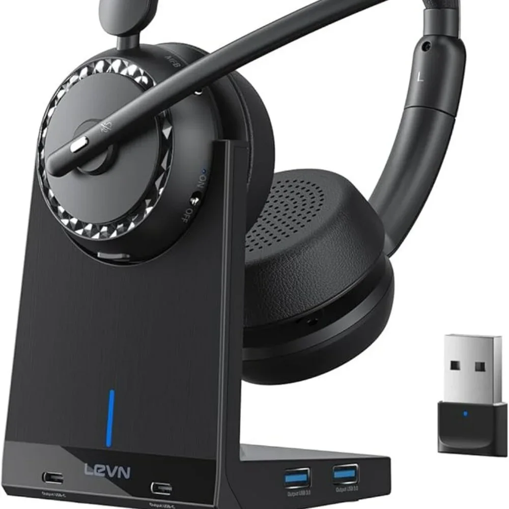NEW Bluetooth Wireless Headset with Mic, Charging Base, AI Noise Cancelling